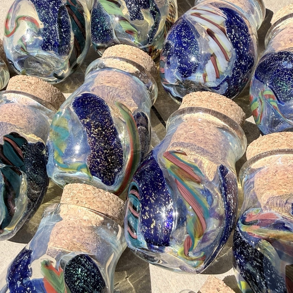 Lot 3 Cracked Hand Blown Art Glass Mini Bottle Jar Cork Stopper Aventurine Swirl